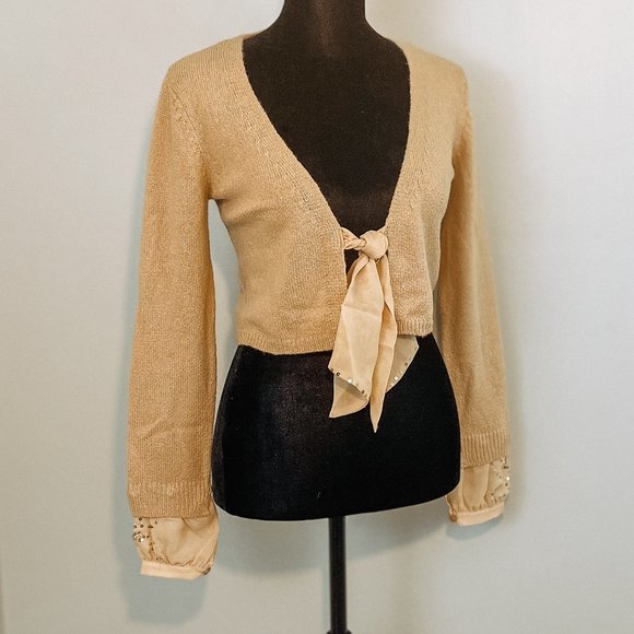 INC International Concepts Mustard 3/4 sleeve Sequined Cuffs & Tie Front Sweater - Picture 2 of 12